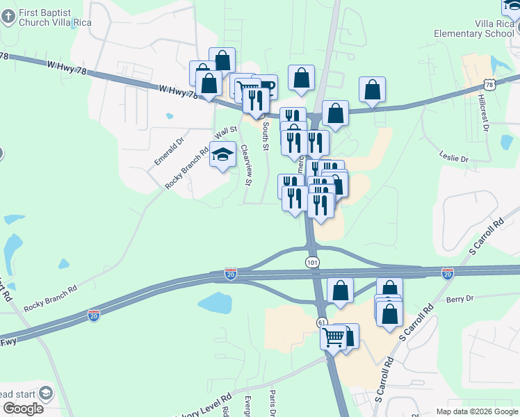 map of restaurants, bars, coffee shops, grocery stores, and more near 654 Clearview Street in Villa Rica