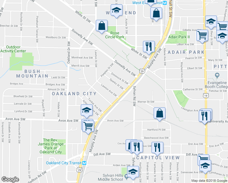 map of restaurants, bars, coffee shops, grocery stores, and more near 1015 Lawton Avenue Southwest in Atlanta