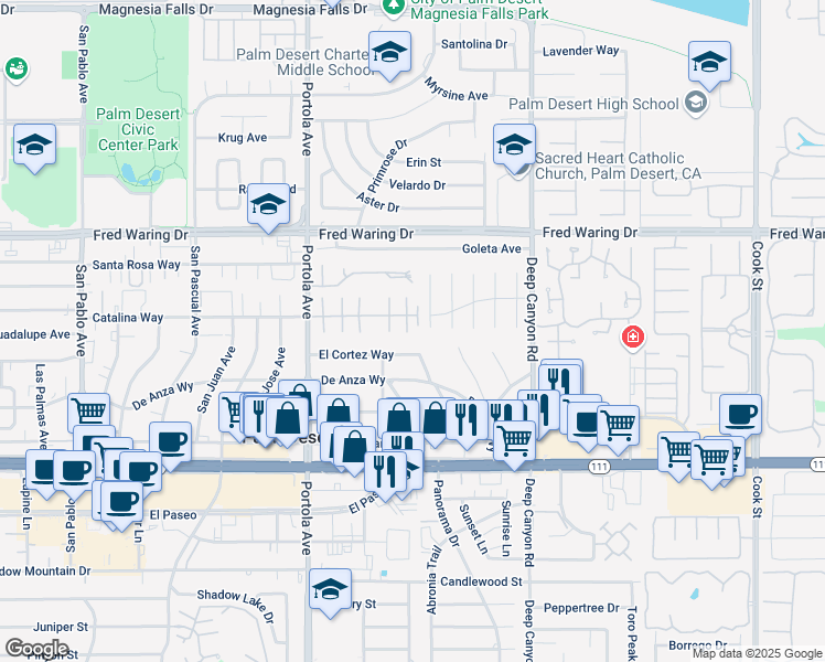 map of restaurants, bars, coffee shops, grocery stores, and more near 74233 Catalina Way in Palm Desert