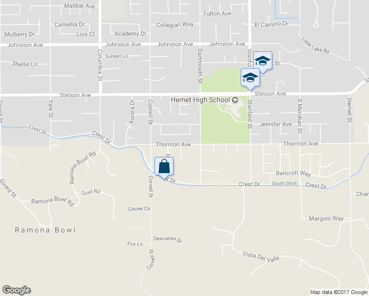 map of restaurants, bars, coffee shops, grocery stores, and more near 41423 Thornton Avenue in Hemet