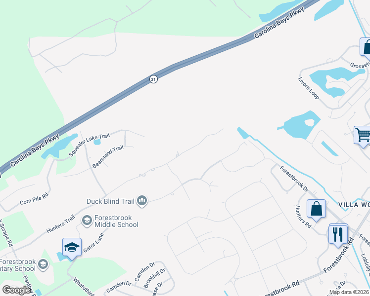 map of restaurants, bars, coffee shops, grocery stores, and more near 2410 Hunters Trail in Myrtle Beach