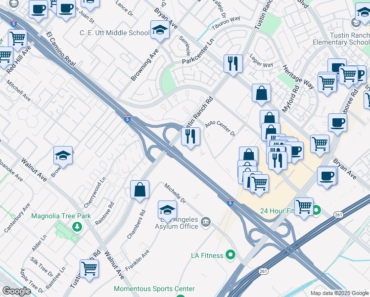 map of restaurants, bars, coffee shops, grocery stores, and more near 36 Auto Center Drive in Tustin