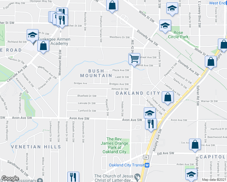 map of restaurants, bars, coffee shops, grocery stores, and more near 1288 Almont Drive Southwest in Atlanta