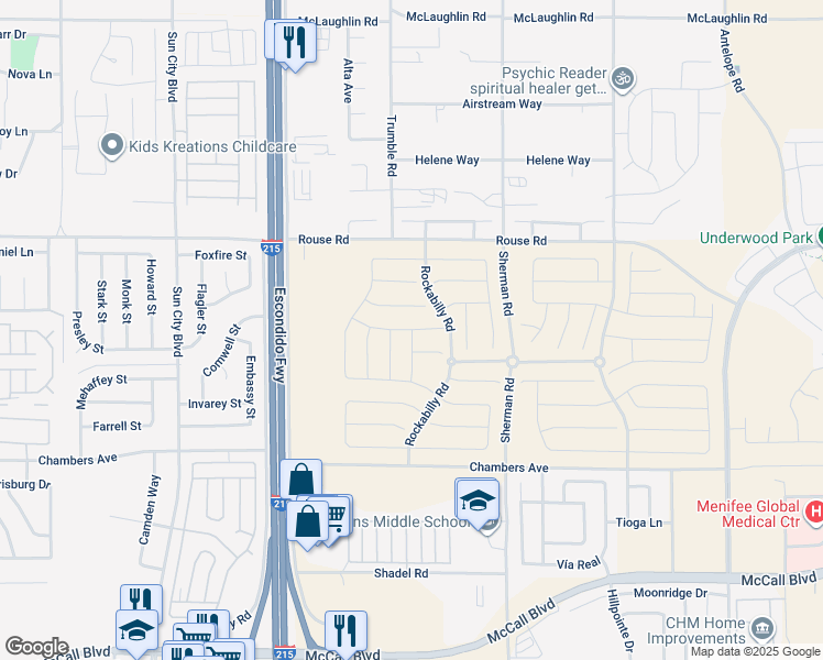 map of restaurants, bars, coffee shops, grocery stores, and more near Fiddle Lane in Menifee