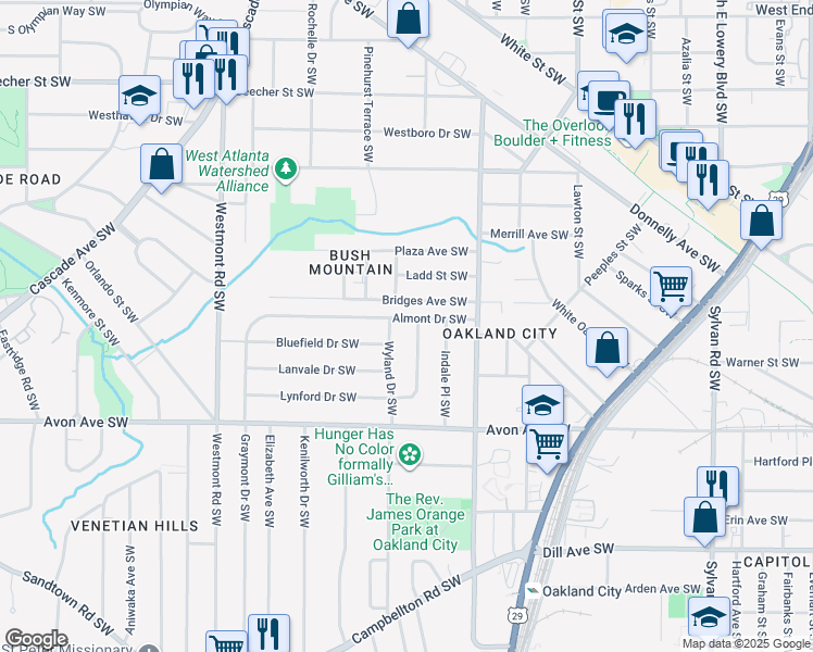 map of restaurants, bars, coffee shops, grocery stores, and more near in Atlanta