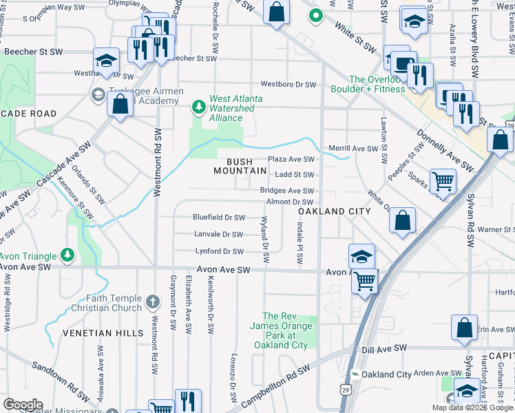 map of restaurants, bars, coffee shops, grocery stores, and more near 1345 Almont Drive Southwest in Atlanta
