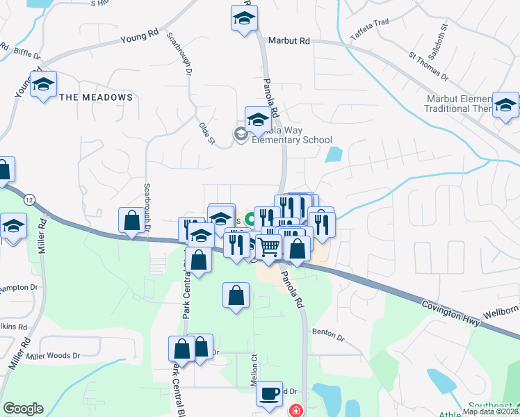 map of restaurants, bars, coffee shops, grocery stores, and more near 2193 Panola Road in Lithonia