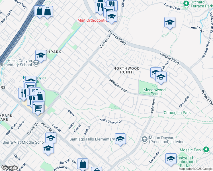 map of restaurants, bars, coffee shops, grocery stores, and more near 67 Ashcrest in Irvine