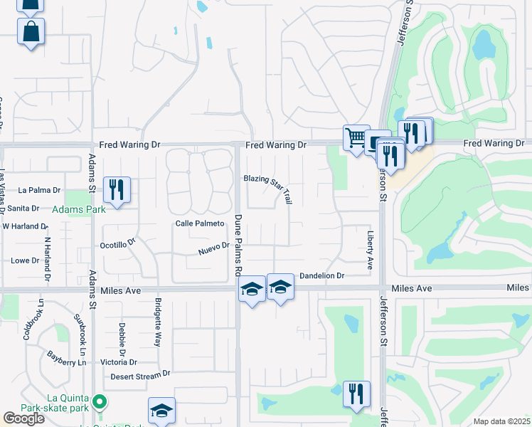 map of restaurants, bars, coffee shops, grocery stores, and more near 79595 Marigold Lane in La Quinta