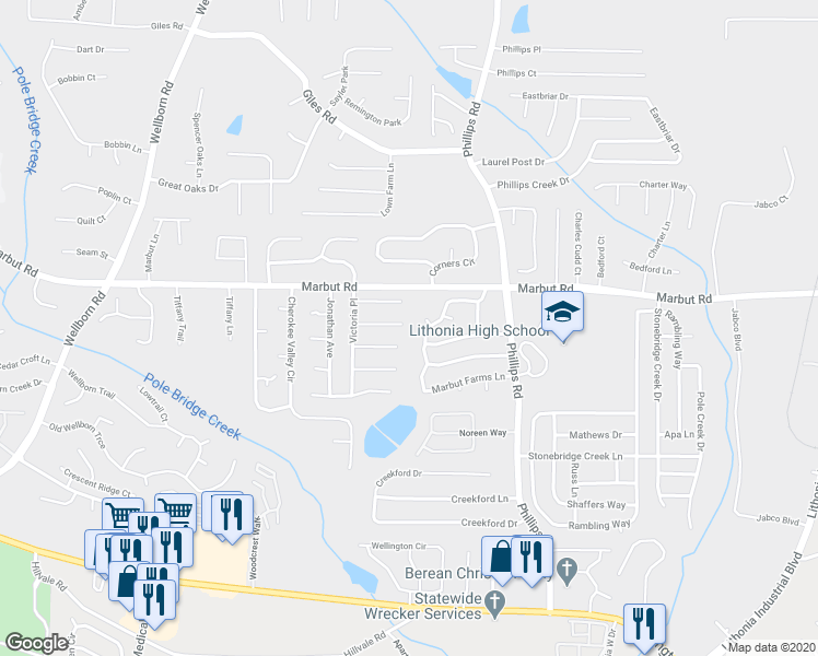 map of restaurants, bars, coffee shops, grocery stores, and more near 6202 Saint Christophers Court in Lithonia