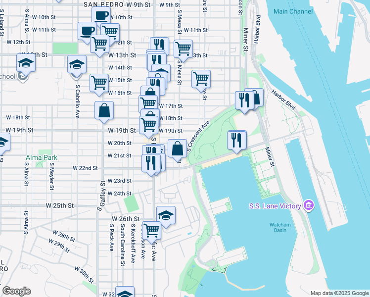 map of restaurants, bars, coffee shops, grocery stores, and more near 2019 South Crescent Avenue in Los Angeles