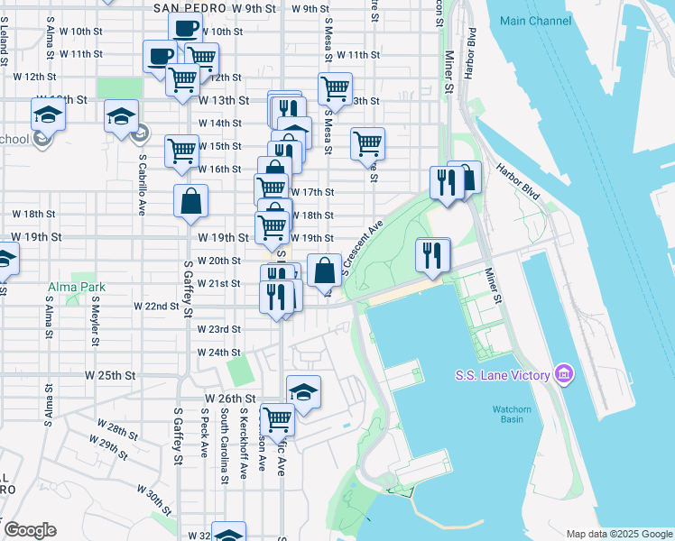 map of restaurants, bars, coffee shops, grocery stores, and more near 385 West 20th Street in Los Angeles