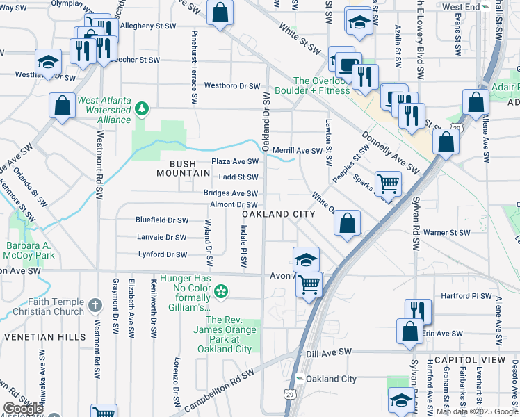 map of restaurants, bars, coffee shops, grocery stores, and more near 1073 Oakland Drive Southwest in Atlanta