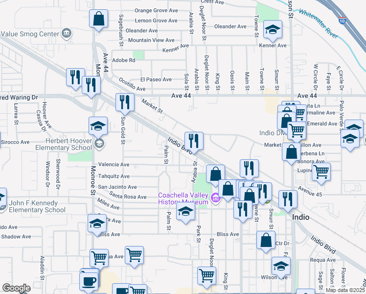 map of restaurants, bars, coffee shops, grocery stores, and more near Indio Boulevard in Indio