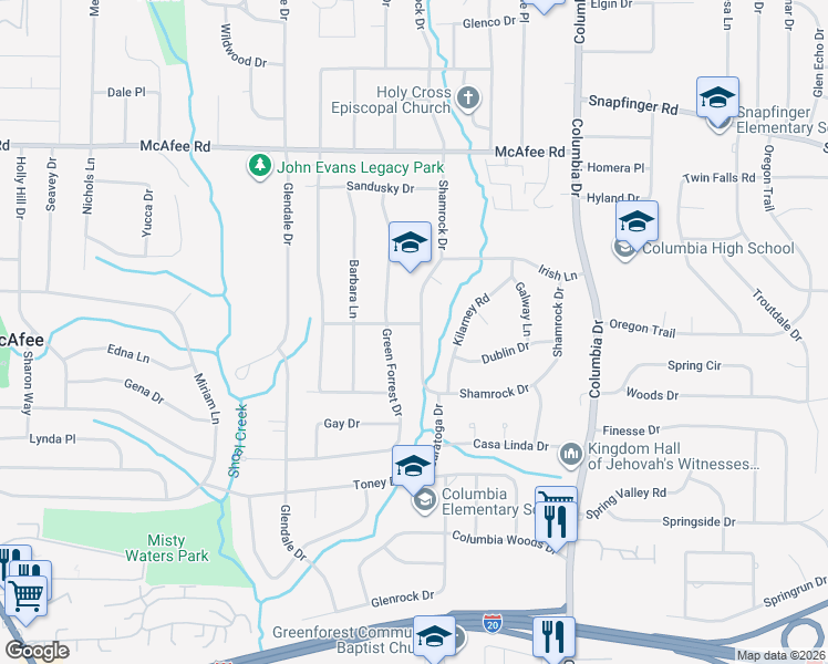 map of restaurants, bars, coffee shops, grocery stores, and more near 2185 Shamrock Drive in Decatur