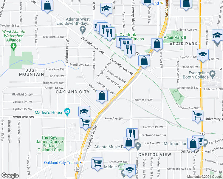 map of restaurants, bars, coffee shops, grocery stores, and more near 1013 Lawton Avenue Southwest in Atlanta