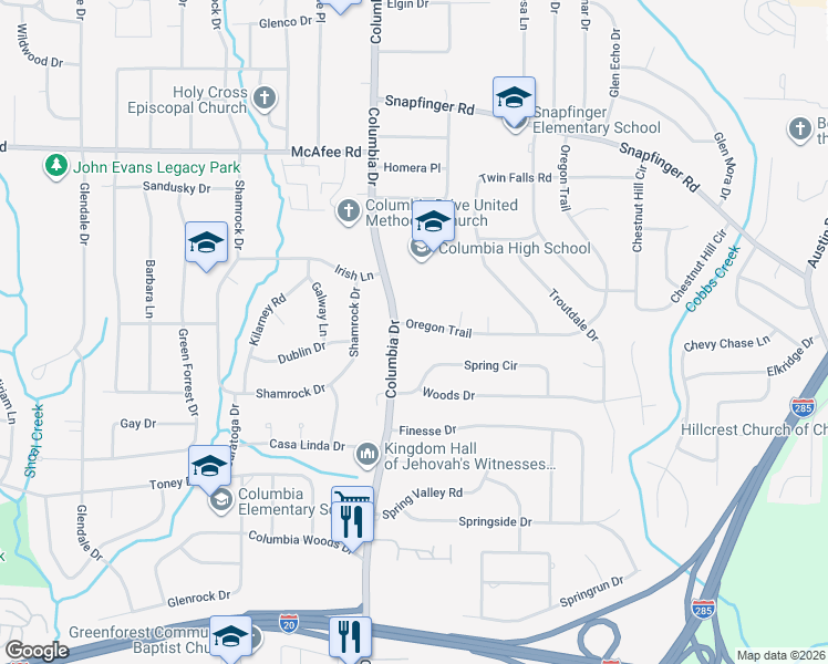map of restaurants, bars, coffee shops, grocery stores, and more near 3403 Oregon Trail in Decatur
