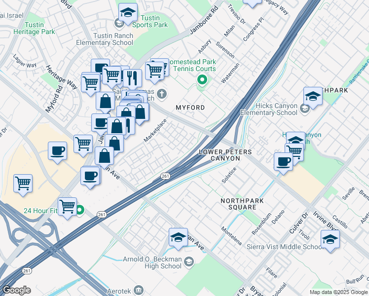 map of restaurants, bars, coffee shops, grocery stores, and more near 2311 Anacapa in Irvine