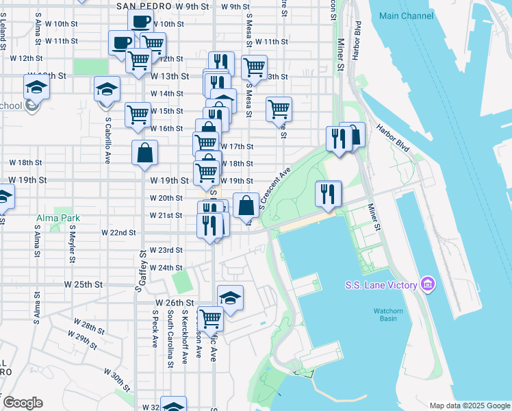 map of restaurants, bars, coffee shops, grocery stores, and more near 2019 South Crescent Avenue in Los Angeles