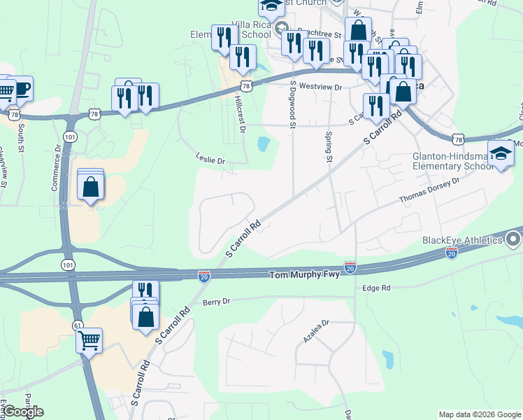 map of restaurants, bars, coffee shops, grocery stores, and more near 123 Berkley Drive in Villa Rica