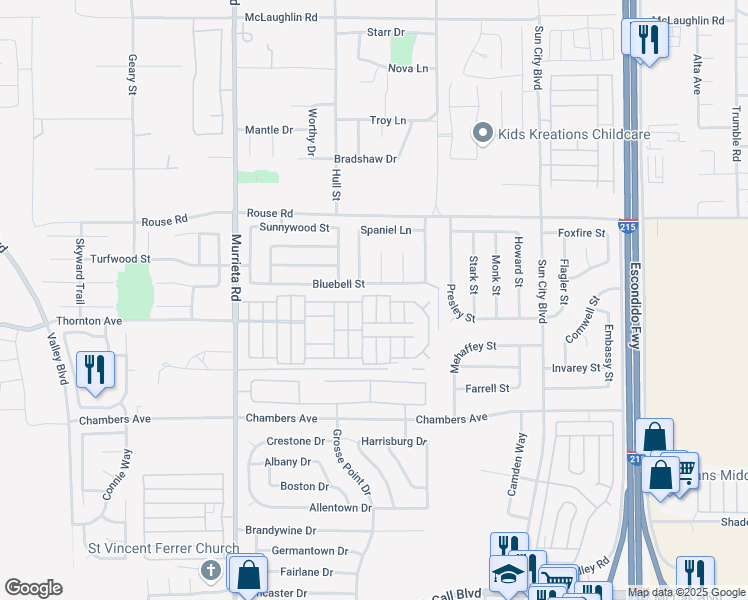 map of restaurants, bars, coffee shops, grocery stores, and more near 27250 Murrieta Road in Menifee