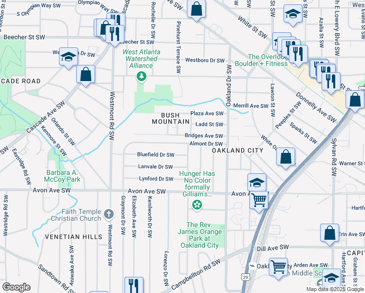 map of restaurants, bars, coffee shops, grocery stores, and more near 1324 Almont Drive Southwest in Atlanta
