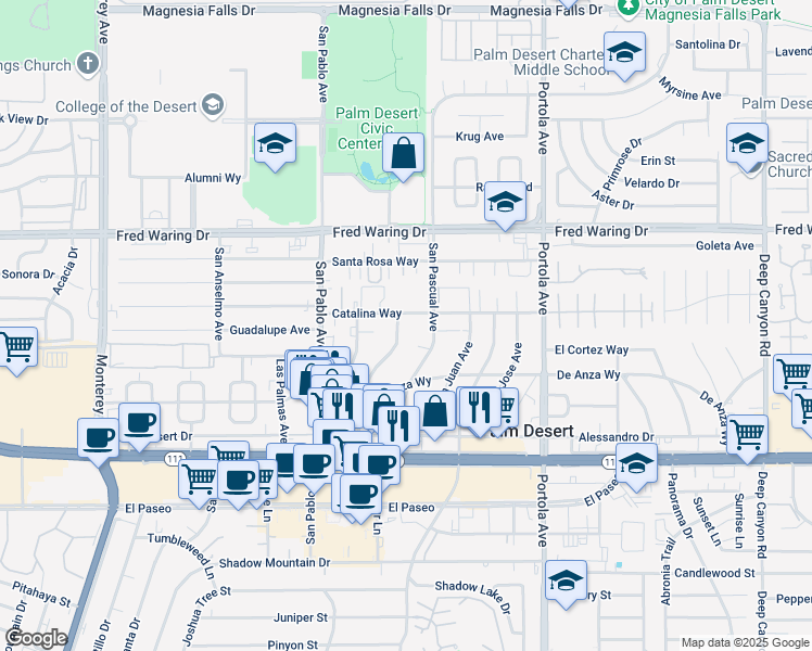 map of restaurants, bars, coffee shops, grocery stores, and more near 73685 Catalina Way in Palm Desert