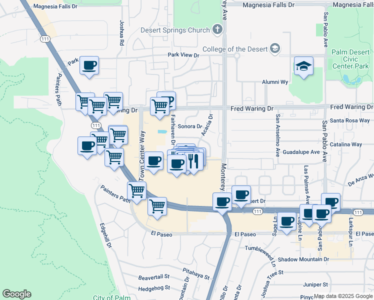 map of restaurants, bars, coffee shops, grocery stores, and more near 72814 Tampico Drive in Palm Desert