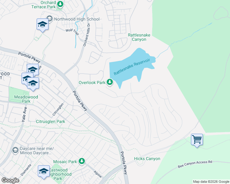 map of restaurants, bars, coffee shops, grocery stores, and more near 4727 Portola Parkway in Irvine