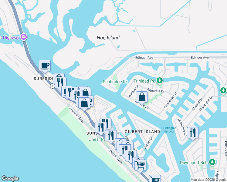 map of restaurants, bars, coffee shops, grocery stores, and more near 3166 Portofino Circle in Huntington Beach