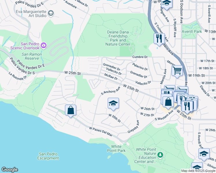 map of restaurants, bars, coffee shops, grocery stores, and more near 2161 West 25th Street in Los Angeles