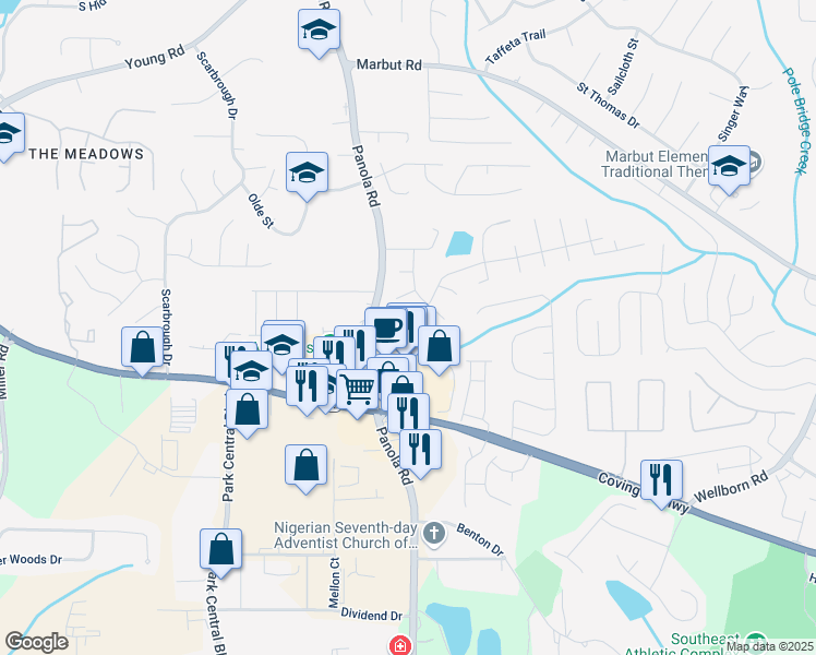 map of restaurants, bars, coffee shops, grocery stores, and more near 5445 Mallard Trail in Lithonia