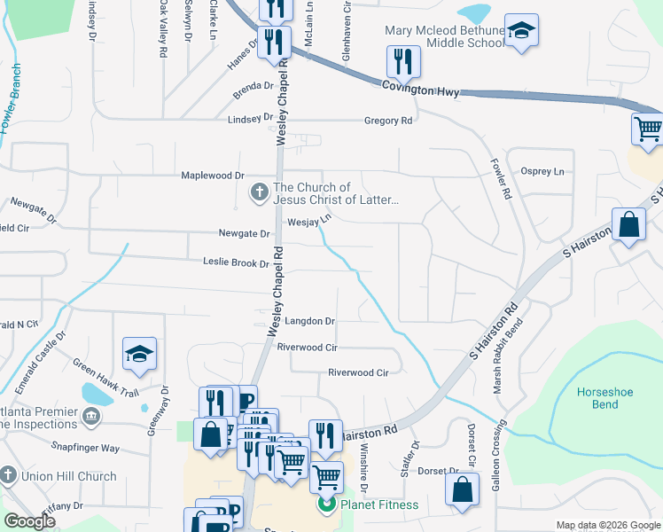 map of restaurants, bars, coffee shops, grocery stores, and more near 4362 Wesley Meadows Drive in Decatur