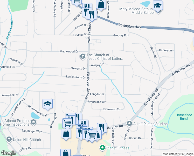 map of restaurants, bars, coffee shops, grocery stores, and more near 4322 Wesley Meadows Drive in Decatur