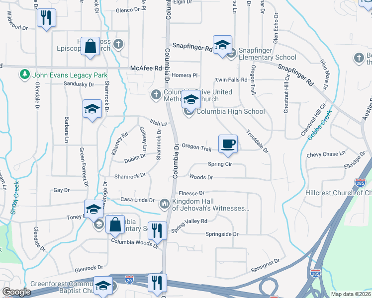 map of restaurants, bars, coffee shops, grocery stores, and more near 3403 Oregon Trail in Decatur