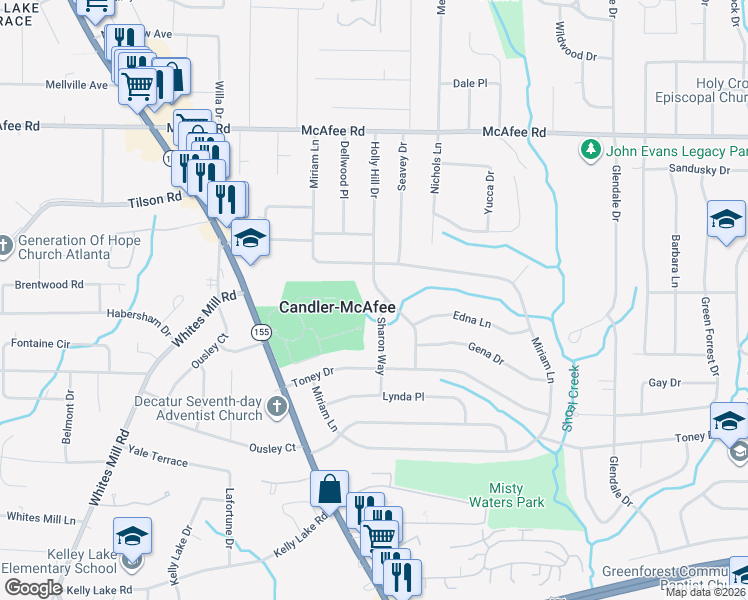 map of restaurants, bars, coffee shops, grocery stores, and more near 2185 Holly Hill Drive in Decatur