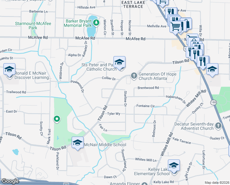 map of restaurants, bars, coffee shops, grocery stores, and more near in Candler-McAfee