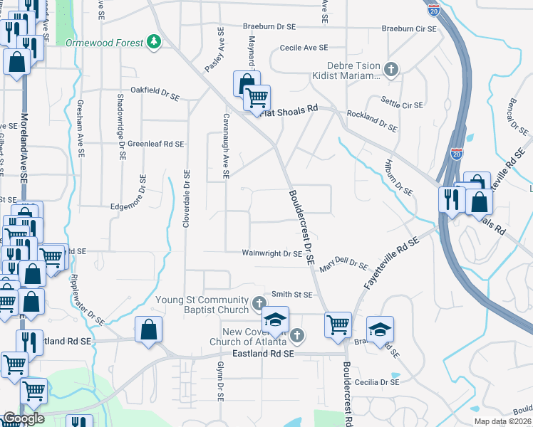 map of restaurants, bars, coffee shops, grocery stores, and more near 1360 Lochland Road Southeast in Atlanta