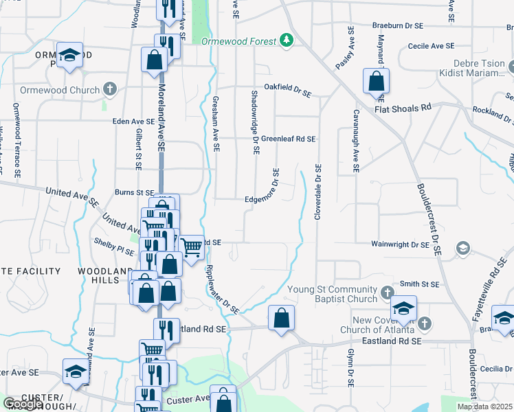 map of restaurants, bars, coffee shops, grocery stores, and more near 2218 Edgemore Drive Southeast in Atlanta
