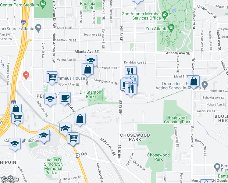 map of restaurants, bars, coffee shops, grocery stores, and more near 1038 Grant Terrace Southeast in Atlanta