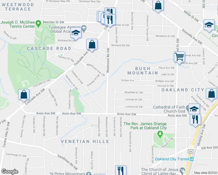 map of restaurants, bars, coffee shops, grocery stores, and more near 1080 Westmont Road Southwest in Atlanta