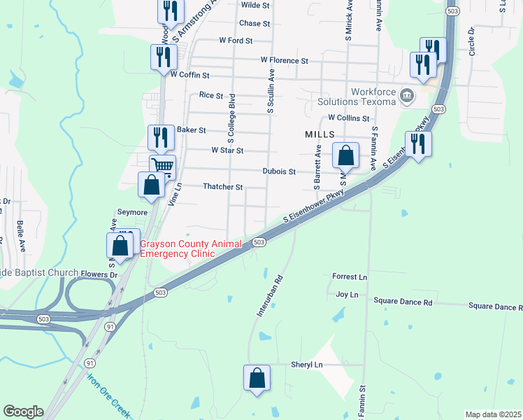 map of restaurants, bars, coffee shops, grocery stores, and more near 831 Amsden Street in Denison