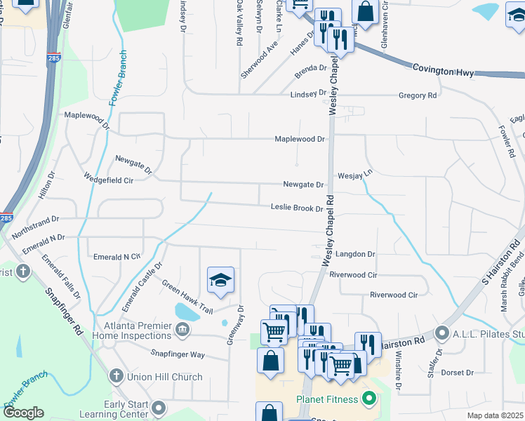 map of restaurants, bars, coffee shops, grocery stores, and more near 2300 Leslie Brook Drive in Decatur
