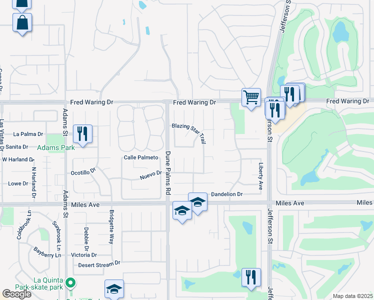 map of restaurants, bars, coffee shops, grocery stores, and more near 79595 Marigold Lane in La Quinta