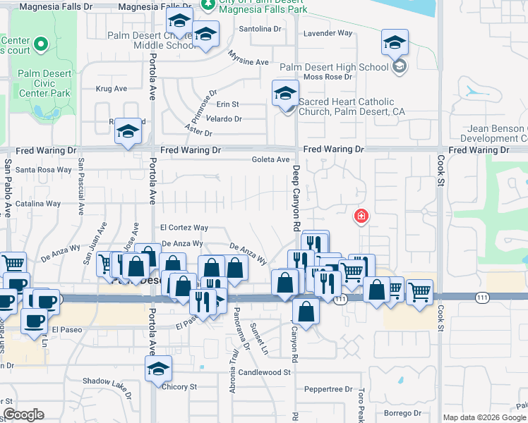 map of restaurants, bars, coffee shops, grocery stores, and more near 44476 Hazel Canyon Lane in Palm Desert