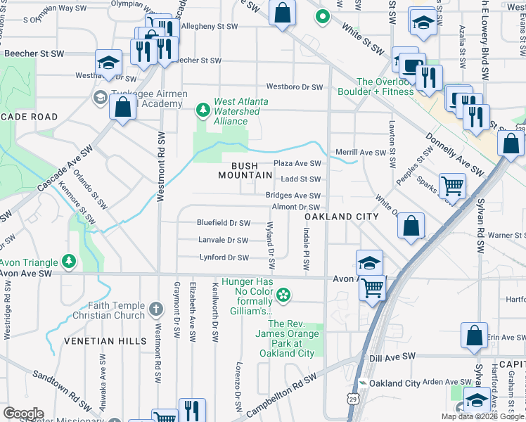 map of restaurants, bars, coffee shops, grocery stores, and more near 1345 Almont Drive Southwest in Atlanta