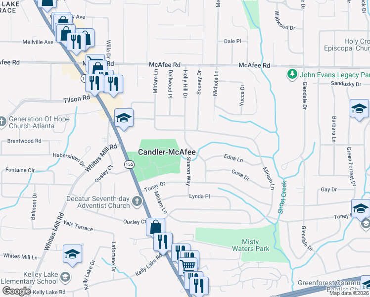 map of restaurants, bars, coffee shops, grocery stores, and more near 2185 Holly Hill Drive in Decatur