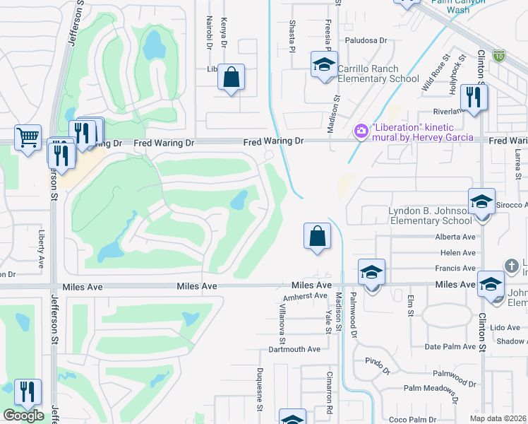 map of restaurants, bars, coffee shops, grocery stores, and more near 44355 Royal Lytham Drive in Indio
