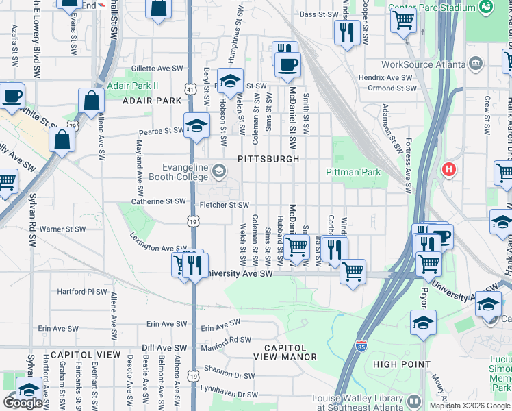 map of restaurants, bars, coffee shops, grocery stores, and more near Fletcher St SW & Coleman St SW in Atlanta