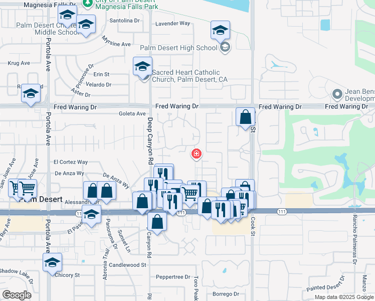 map of restaurants, bars, coffee shops, grocery stores, and more near 44389 Baden Court in Palm Desert